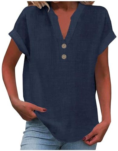 Chic Et Élégant Chemises en Coton Et Lin Col V pour Femmes Chemisiers Et Blouses Femme Manches Roulées Chemisier Femme Été Ample Tunique Boutons Couleur Uni Tops Polyvalente Chemise Lin Pas Cher