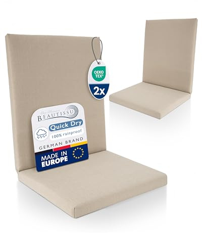 Beautissu 2er Set Premium Niedriglehner Auflage 100% Wasserdicht Sitzkissen | 100x50cm Beige UV-beständig Bequem Pflegeleicht Waschbar Gartenstuhl Polsterauflage Gartenmöbel Stuhlauflage Garten QD-NL