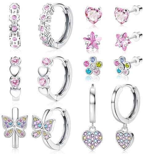 FIOROYAL 7 par silver flickörhängen, antiallergiska örhängen i rostfritt stål för kvinnor, med hjärta fjäril stjärna zirkonia, rosa färgglada hypoallergeniska örhängen för flickor