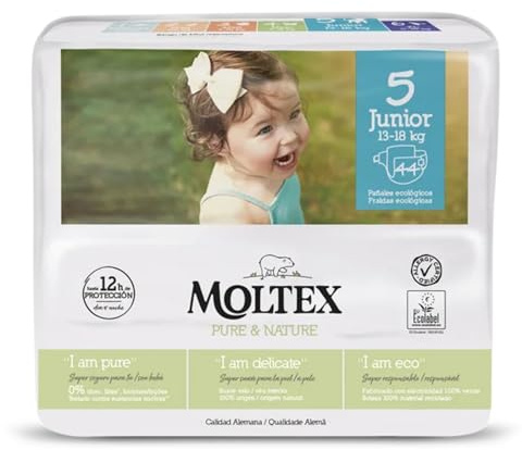Pañales Infantiles Ecológicos Moltex Pure&Nature. Pañales Desechables. Pañales con Tecnología de Sequedad Instantánea. Hasta 12 Horas Seco. (1 Paquete, Talla 5)