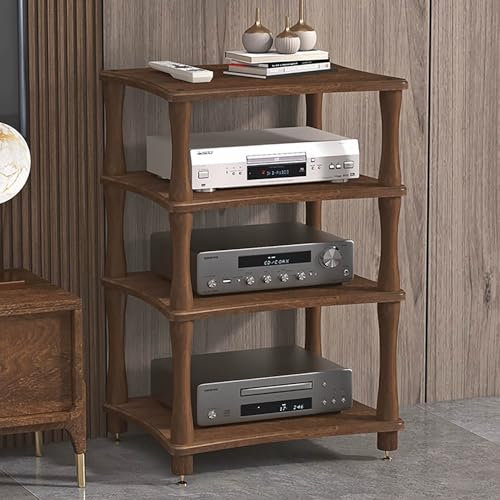 JIAOCKJIAO Audio Rack Hi Fi Regal, Record Player Stand aus Massivholz, Hi Fi Racks mit Stoßdämpfenden Fußnägeln aus Kupfer, Plattenspieler Regal, für Zuhause, Büro(Black Walnut,4 Tier 60x48x86CM)