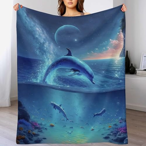 AAPZY Delfin Decke,Vier Jahreszeiten Weich Wohndecke Decke Schlafdecke Sofadecke Plüschdecke Pelzdecke Printdesign Couchdecke Flannel Bett Decke （150×200cm）