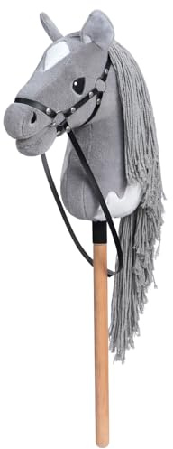 BEJOY Steckenpferd Spielzeug Pferd, Hobby Horse Holzpferd Plüschpferd zum Reiten für Kinder mit Halfter und Trense, Grau-Weiß