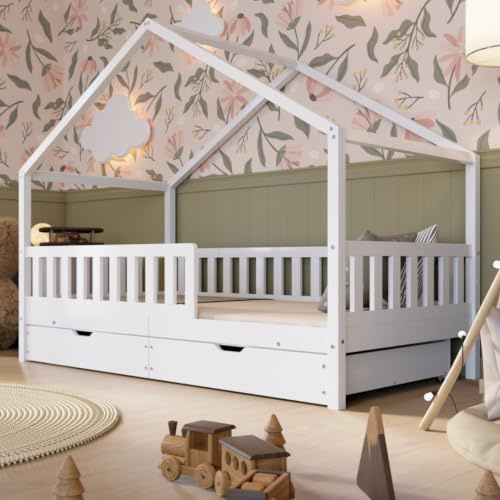 Crazy Pine Hausbett mit Schubladen 90x190 cm – Kinderbett aus Naturholz in Weiß mit Rausfallschutz – Montessori Bodenbett mit zusätzlichen Stauraum und und Abnehmbarer Barriere - Crazy House