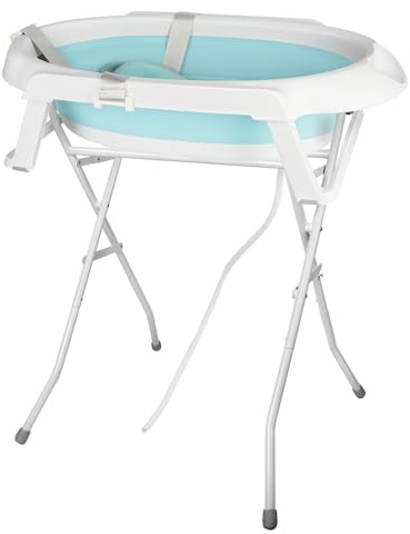 Babybadewanne mit Ständer 84,5 cm, Babybadewanne auf Fuß, sicher und bequem, faltbare Babywanne mit Thermometer und Badewannenkissen (63 x 60 x 84,5 cm, grün)