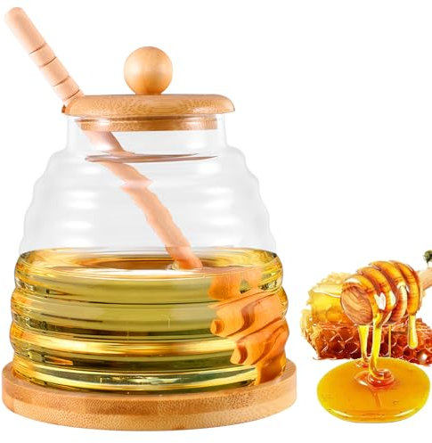 ALLOMN Honey Jar with Dipper and Lid, 480ml Clear Glass Beehive Honey Bee Pot Container for Home Kitchen Cooking