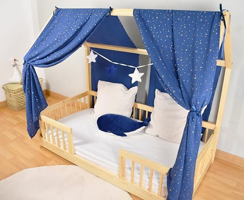 YellowNest Tenda per Letto Montessori (2 Pezzi) - Tenda Letto Bambini per Letto 70x140cm - 100% Mussola di Cotone - Senza Ghirlanda (Blue Marino, 62 x 270 cm (2 Pezzi))