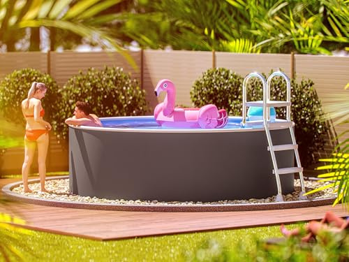 poolomio® Stahlwandpool rund 355 x 90 cm Graphite/Weiß | Robuster Gartenpool als Aufstellbecken oder Einbaupool | Aufstellpool Komplettset mit Innenfolie 0,5 mm, Skimfilter