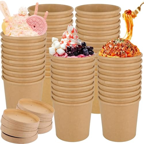 LDHHYH 50 Stück Pappbecher Suppenbecher 450ml Pappbecher mit Deckel, Einweg Eisbecher Pappe Pappbecher Speisebecher, Braun Pappbecher für Suppe Salat Nachtisch Vorspeisen
