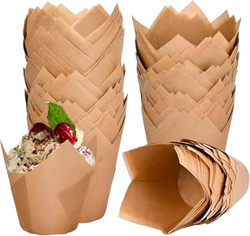 Lot de 200 caissettes à cupcakes en papier sulfurisé naturel en forme de tulipe pour pâtisserie, beignets, bonbons, biscuits, macarons, chocolats, fraises (moules à gâteau)
