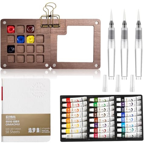 Siyrdxcbt Tavolozza per Dipingere Wet Palette Pittura ad Olio e Gli Schizzi | con 1 Quaderno Portatile per Schizzi ad Acquerello, 3 Pennello ad Acqua, 24 Acquerello 1 Clip in Metallo, Adatta L'acquerello