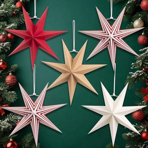 5er Set Papiersterne Rot und Weiß 30cm Braun Faltstern Weihnachten Dekoration 7 Zacken Gedruckt Papier Weihnachtsdeko für Weihnachtsdeko Hochzeit Geburtstag Tischdeko
