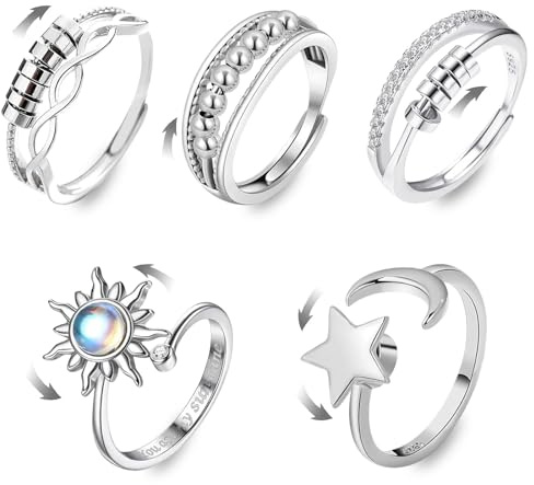 YSAOAKA 5 Stück Angst Spinner Ringe für Damen, Silber Anxiety Ring für Damen, Offener Ringe Fidget Spinner Ringe, Ring Verstellbarer Stimmungsring Geschenke für Frauen Männer