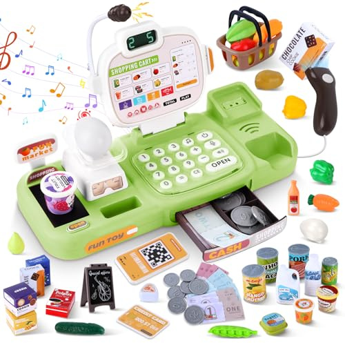 Charmofun Registratore di Cassa Giocattolo per Bambini, Gioco Cassa Supermercato con Scanner e Microfono, Giochi di Ruolo al Supermercato per Bambine Bambini dai 3 Anni In Su (Verde)