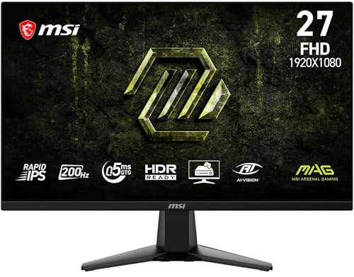 MSI MAG 275FA E20 27-Zoll-FHD-Gaming-Monitor, 1920 x 1080 Rapid IPS, 200 Hz, 0,5 ms, HDR-fähig, AMD FreeSync Premium, Eye Care, AI Vision, HDMI 2.0b, DP 1.2a, Rahmenlos, VESA-Halterung, schwarz | Rapid IPS Panel, 1920 x 1080, 200 Hz, 0,5 ms, kompatibel mit VESA, HDMI, DisplayPort, FreeSync Premium