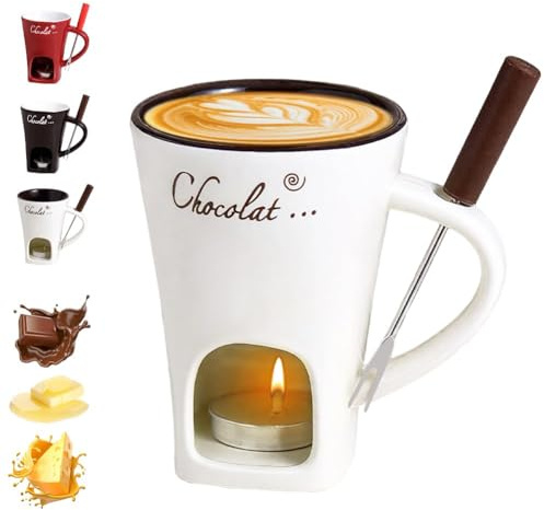 Chocolate Fondue Mug with Forks, Chocolate Melting Cup, Ceramic Butter Warmers Pot Set, Ceramic Cheese Melting Cup, Fondue Heated with a Tealight, Warmer Mug for Candy Snack Caramel Party (White)