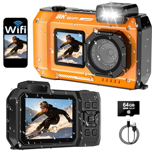 SPUNALP UHD 8K Underwater Camera, 70MP 33FT WiFi Waterproof Digital Camera with 64GB Card, Auto Focus Waterproof Dual-Screen Selfie 2500mAh Battery