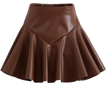 GORGLITTER Girl's Pleated Leather Skirt Cute Elastic High Waisted Preppy Flared A Line Skater Skirts Brown 11Y