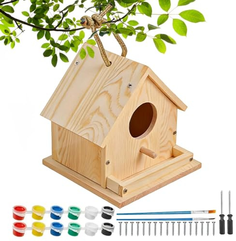 TyCylKu Vogelhaus Bausatz für Kinder | Bemalbares Holz zum Selbermachen | Vogelhaus-Bausatz für Kinder - für Ferien, Geburtstag, Ostern, Eltern-Kind-Beschäftigung, Mädchen, Zuhause, Schule