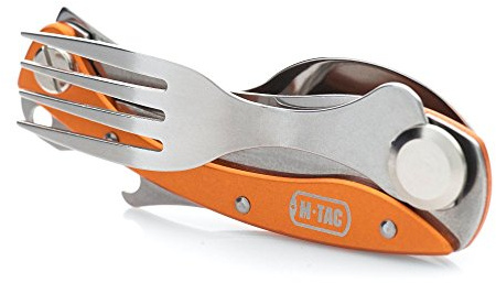 M-Tac Klappbesteck Camping Outdoor Multitool – 4-in-1 Reisebesteck mit Löffel, Gabel, Dosenöffner, kompakt, ideal für Wandern, Trekking, Survival, Orange