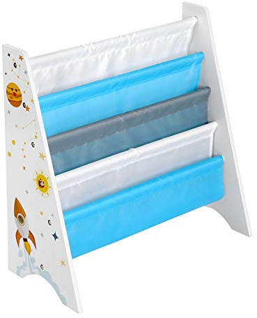 SONGMICS Bücherregal für Kinder, Bücherregal mit Kippschutz-Set, für Kinderzimmer, Spielzimmer, Kindergarten, Schule, 62,5 x 28 x 60 cm, Motiv Weltraum, Weiß GKR72WT