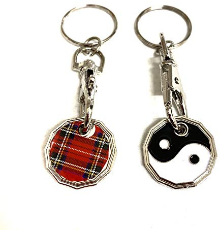 UK Phoenix Trolley Token New £1 Coin Shape 12 Sided Shopping Cart Key Ring Release Shop Locker Keychain (Ying Yang & Tartan)