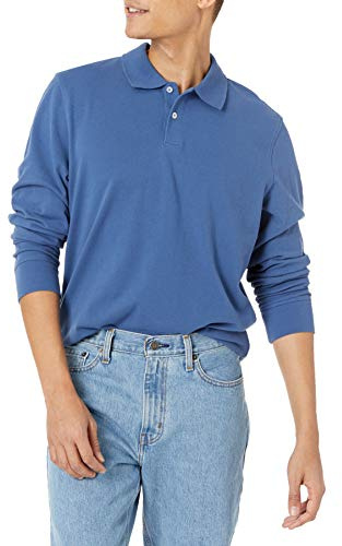 Amazon Essentials Polo in piqué a Maniche Lunghe vestibilità Aderente Uomo, Blu, L