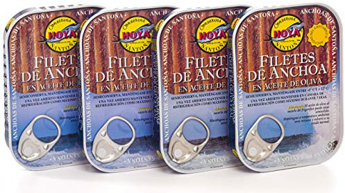 Hoya Santoña Anchoas del Cantábrico - Pack 4 latas de 74g/Aprox.14 filetes (296g/Aprox.56 filetes). Elaboración Artesana con bocartes del Cantábrico en Aceite de Oliva.