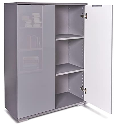 Aktenschrank Mehrzweckschrank Schrank B 80,2 cm x H 109,5 cm x T 35 cm Ordnerschrank Büroschrank Bücherschrank Büromöbel Klein Grau/Hochglanz Grau