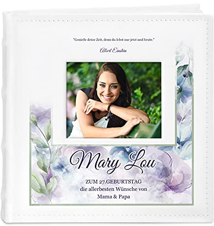 Maverton Einsteckalbum + mit Aufdruck - für 200 Fotos 10x15-100 weiße Seiten - Größe 21x22cm - Weiß - Geschenk für Frauen zum Geburtstag - Hier und jetzt