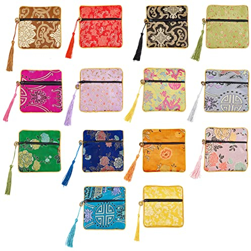 nbeads 14 Pcs Bijoux Pochettes en Soie, 14 Couleurs Chinois Brocart de Soie Porte-Monnaie Sac Brodé Sacs Brodés pour Le Stockage de Bijoux de Pièces de Monnaie, 11.5x11.5 cm