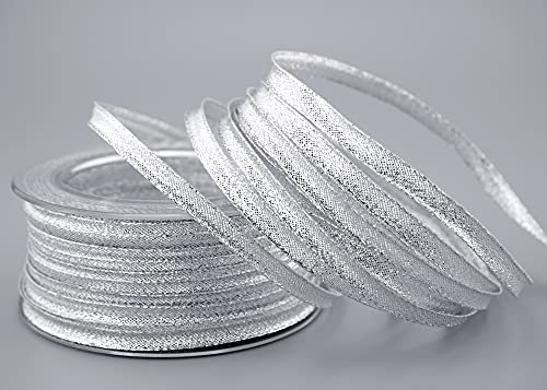 finemark 50 m x 7 mm Dekoband Silber Brokatband Brokat Stoffband glänzend mit Drahtkanten Geschenkband Schleifenband Deko Band Geschenkverpackung Weihnachten Advent