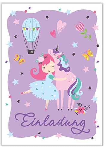 12 Einladungskarten zum Kindergeburtstag Mädchen Ballerina mit Einhorn
