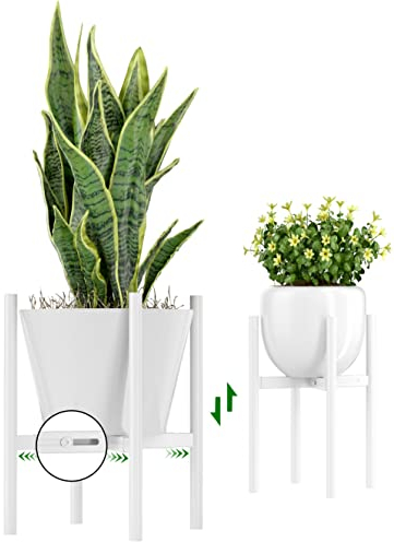 EKNITEY Adjustable Plant Pot Stand: Indoor Outdoor Modern Flower Holder Metal Plant Rack Organizer Planter Stand for Garden Patio Corner Bathroom Living Room Balcony Home Office (White)