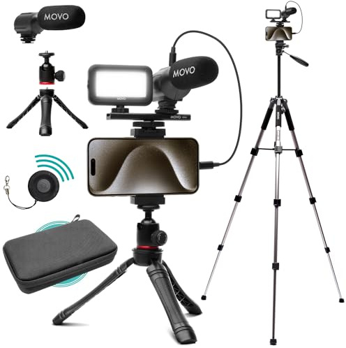 Movo Kit di vlogging per iPhone 15, compatibile con USB-C, accessori: treppiede, supporto per telefono, luce LED, microfono fucile da caccia - YouTube Starter Kit