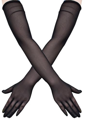 SAVOSWEET Guantes de Encaje Negro Transparentes para Mujer - Guantes de Ópera y Novia de Tul de Malla Elástica Suave - Talla 67 cm - Ideal para Bodas, Fiesta, Baile y Carnaval