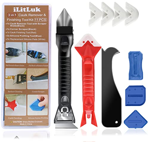 Caulk Tool Kit for Removal and Application Caulking Spatula Grout Stripper Tool Grout Remover Angle Carbide Scraper Caulking Tips Tool with Caulk Application Tool and Silicone Finishing Tools