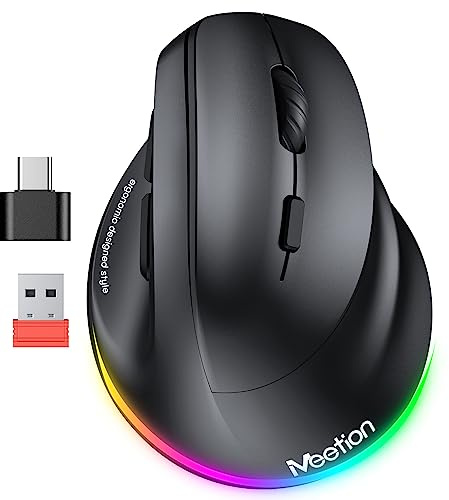 MEETION Ergonomische Maus, Kabellose Vertikale Maus RGB Wiederaufladbare Funkmaus für Bluetooth(5.2 + 3.0) & USB-A mit USB-C Adapter 4 Einstellbare DPI für Mac/Windows/Andriod/PC/Tablet/iPad Schwarz
