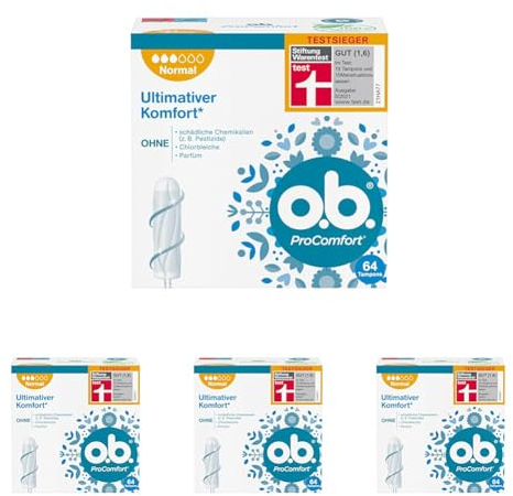 o.b. Tampon, ProComfort Normal, für mittlere bis stärkere Tage, ultimativer Komfort* und zuverlässiger Schutz, 64 Stück, Verpackung kann abweichen (Packung mit 4)