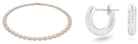 Swarovski Collana Angelic, Rotondo, Bianco, Placcato color oro Rosa & Orecchini a cerchio Stone, Pavé, Piccoli, Bianchi, Placcato rodio