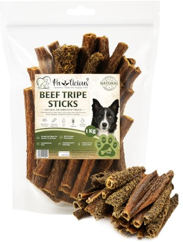 PAWLICIOUS 1Kg Dried Beef Tripe Sticks for Dog Snacks, 100% Natural Air Dried Dog Treat Chews, Protein & Low Fat, Perfect for Sensitive Stomachs Suitable for All Breeds and Size