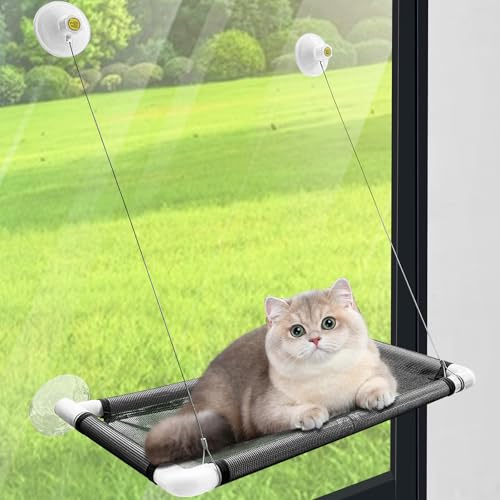 VVFLED Cat Window Perch, Sturdy Cat Window Hammock with Powerful Suction Cup Hold up to 18kg, Safety Hanging Pet Bed Sunbathing Seat for Dogs, Indoor Cats (Black)