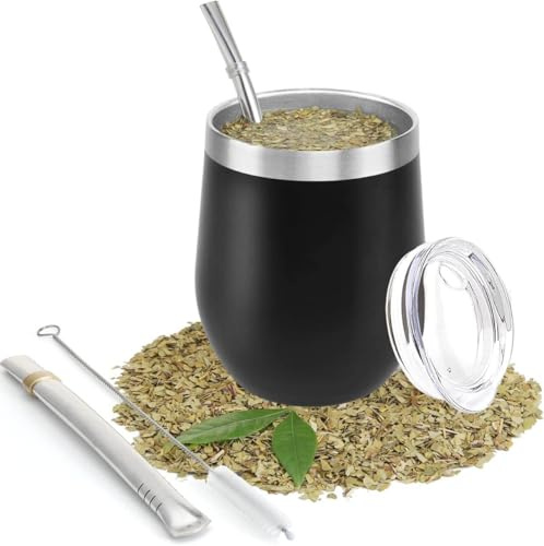 Yitobici Värmebeständig dubbelväggig matt tekopp i rostfritt stål med BPA-fritt lock, två sugrör och rengöringsborste (svart)