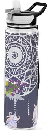 Mnsruu Transparente Sport-Wasserflasche mit Strohhalm, auslaufsichere Trinkflasche, rosa Blumenmuster, Boho-Traumkakther-Fahrradflaschen für Sport, Büro, Schule, BPA-freier Tritan-Kunststoff, 1 Liter