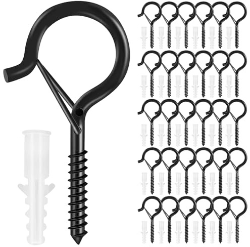 30 Stücke Schraubhaken Schwarz Haken zum Schrauben mit Sicherung - Vielseitige Ösenschraube für Pflanzenkörbe, Vogelhäuschen, Windspiele, Lichterketten - Langlebiges Design für Innen- und Außenbereich