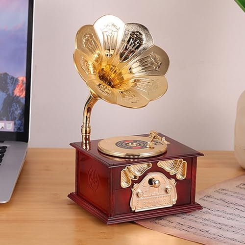 JOROBURO Grammophon-Spieluhr, Exquisite Uhrwerk-mechanische Retro-Spieluhr-Figuren, Klassische Trompeten-Grammophon-Kosmetikbox und Schmuckschatulle für Heimt (Braunes Grammophon)