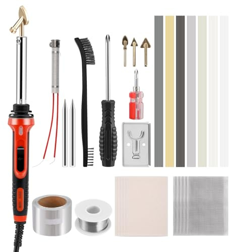100W Plastic Welding Kit, 2-in-1 Plastic Welder & Soldering Iron Gun 2-Speed Adjustable with 5 Soldering Tips, 56Pcs x 33cm Rods, Steel Mesh, Metal Brush for Car Bumper Surface Repair