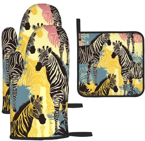 3 pcs Oven Mitts and Pot Holders Set Giraffe and Zebra Oven Mitt Heat Resistant Oven Gloves for Cooking Non-Slip Hot Pads Washable Cooking Gloves for Baking BBQ Microwave