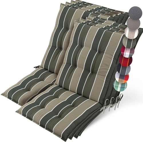 Beautissu 8er Set Premium Niedriglehner Auflage Gartenstuhl rutschfest | 100x50cm 8cm dick Grün gestreift robuster Stoff Polster Befestigungsbänder UV-Lichtechtheit 5 Gartenstuhlauflage Sun-NL