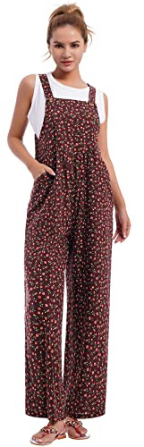 IWEMEK Leinen Overall Jumpsuit Damen Sommer Latzhose Elegant Festlich Strampler f�r Hochzeit Lang Romper �rmellos Druck Sommerhose mit Tr�ger Loose Bib Playsuit mit Taschen braun XXL